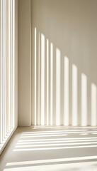 Fototapeta premium Soft sunlight casts gentle shadows on a minimalist wall, creating a serene and calming atmosphere in the room.