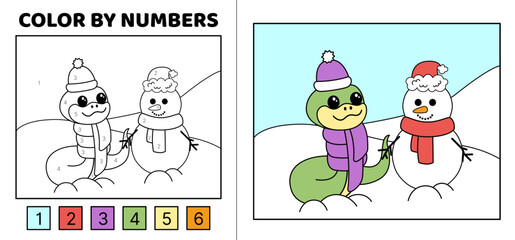 Naklejka premium Color by number. Snake creates cute snowman. Coloring page. Game for kids. Cartoon, vector.