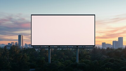 An empty billboard stands against a scenic sunset backdrop, perfect for advertising space or urban landscape imagery.