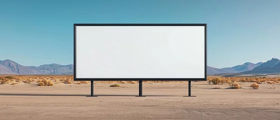 An empty billboard stands in a vast desert landscape under a clear blue sky, offering endless creative possibilities.