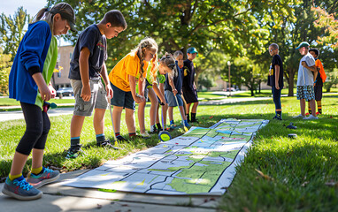 Young Explorers Navigating with Compasses: Kids Engaged in Orienteering Adventure on Campus Map Course
