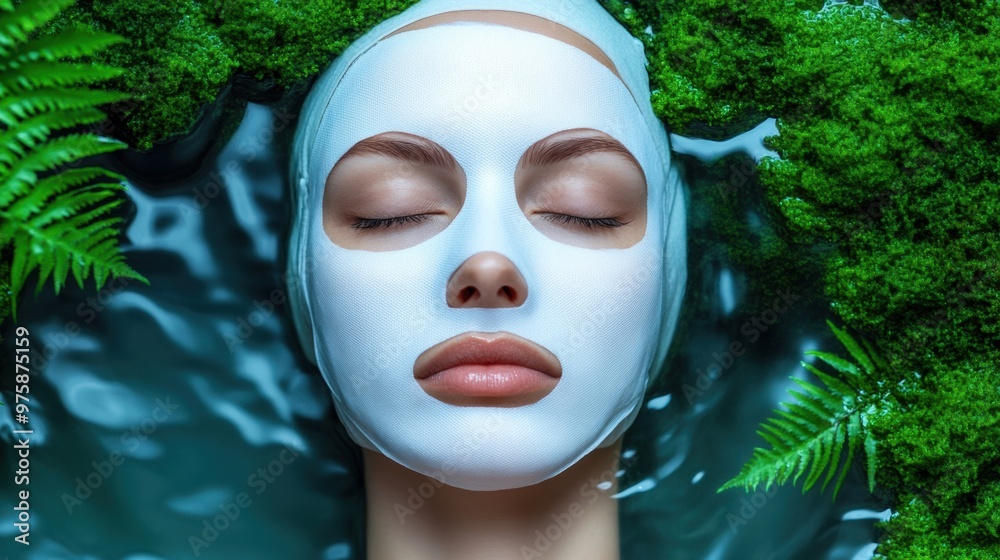 Poster A woman with a face mask laying in water surrounded by ferns, AI