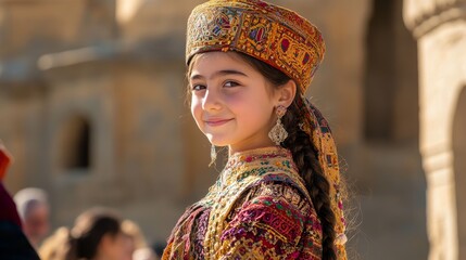 Youth in Armenian Attire: Candid Moment at Cultural Event with Ancient Monastery as Backdrop