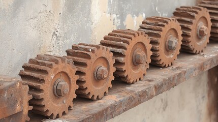 Rusty gears arranged in a line, showcasing industrial elegance and vintage machinery, perfect for steampunk or workshop themes.