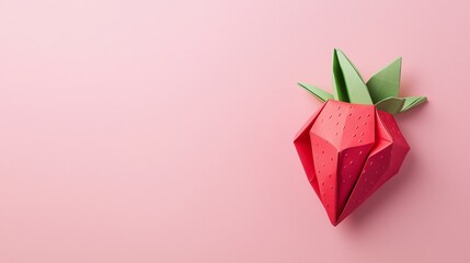 Top view, a simple and vibrant origami strawberry composition arranged on a light pink background with playful shadows