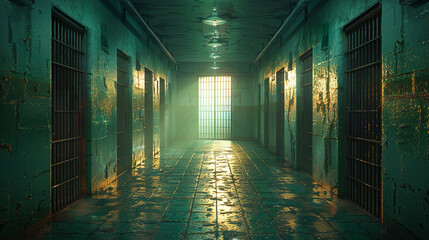 Scary prison corridor with jail cells on each side and a green light illuminating the scene