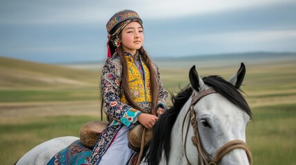 Obraz premium Kazakh Teenager in Traditional Dress Riding Horse on Steppe - Candid Shot with Stunning Backdrop