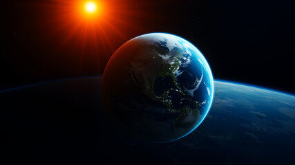 Fototapeta premium A high-definition view of Earth from space, showing atmospheric layers and glowing with solar radiation