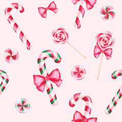 Pattern with hand-drawn Christmas watercolor illustrations. Christmas candies, lollipops and sweets decorated with bows. Perfect for festive decor for Christmas, birthday, children's party.