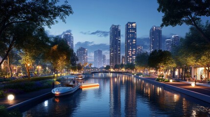 Obraz premium Modern Cityscape with Canal at Dusk.