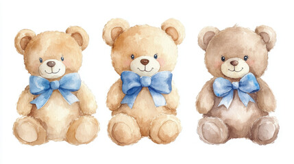 Teddy Bears,  Adorable watercolor illustration featuring three cute teddy bears adorned with blue bows, perfect for children's decor and cheerful designs