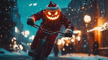 Naklejka premium flaming jack o lantern in a Santa Claus suit riding a bmx style bike delivering presents, Halloween, trick or treat, spooky, festive
