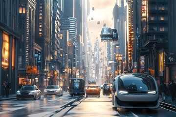 Fototapeta premium Futuristic city with flying and land vehicles, sunlight