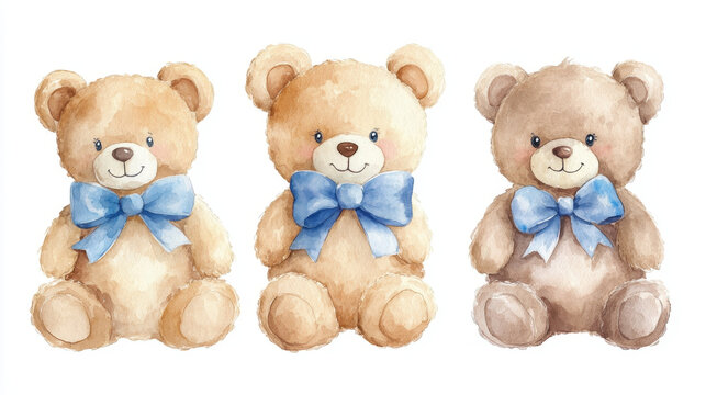 Teddy Bears,  Adorable watercolor illustration featuring three cute teddy bears adorned with blue bows, perfect for children's decor and cheerful designs