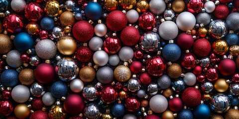 A vibrant assortment of Christmas ornaments in red, gold, silver, and blue hues.