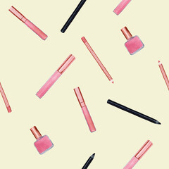 Seamless pattern with cosmetic products - eyeliner, lip gloss, nail polish, lip liner. Handmade watercolor illustration on beige background.