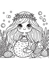 Mermaid under water kid coloring page design 