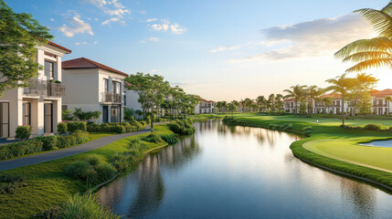 Obraz premium Luxury Housing, Luxury housing community featuring a beautiful golf course, perfect for relaxation and upscale living in a serene environment