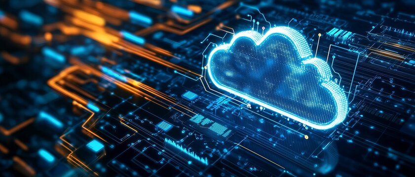 A digital cloud symbol glowing amidst a network of circuit patterns, representing cloud computing and technology advancement.