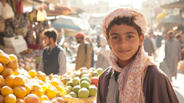 Vibrant Yemeni Teenager in Traditional Futa Navigating Busy Market Under Bright Daylight - Candid Shot of Cultural Experience