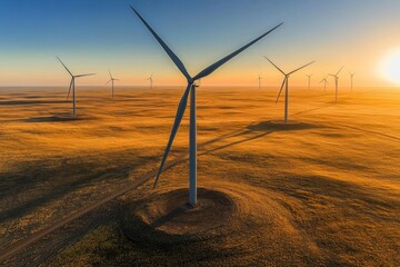 A modern wind farm in the middle of a vast plain, with turbines casting long shadows on the golden grass at sunrise.