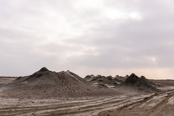 Beautiful mud volcanoes near the village of Alyat. Azerbaijan.