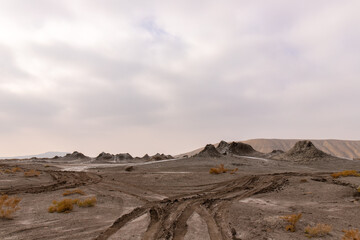 Beautiful mud volcanoes near the village of Alyat. Azerbaijan.