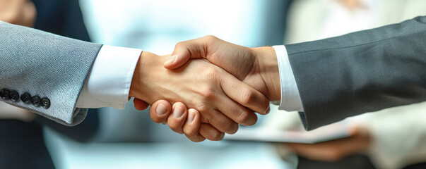 A bank's mortgage officers shake hands with clients post-signing of a housing investment loan, celebrating successful financial partnerships.