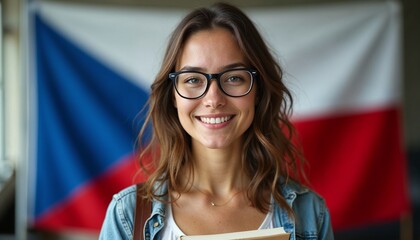 Young woman wearing glasses holding books with the flag of Czech Repuplic, learn, studying