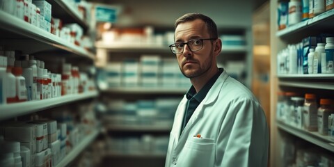 Obraz premium A focused pharmacist stands in a well-organized pharmacy. Shelves filled with various medication bottles surround him, showcasing professionalism and care in his work.