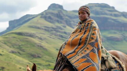 Lesotho Teenager on Horseback: Candid Moment with Basotho Blanket and Majestic Mountain Background