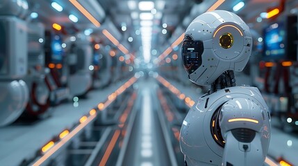 Fototapeta premium A robot working in a high-tech manufacturing factory, analyzing data on a digital screen, representing automation in industrial production.