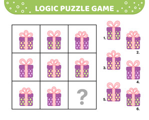 Logic puzzle game. Purple presents. For kids. Cartoon