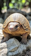 Fototapeta premium Tortoise Gracefully Explores Rocky Terrain on a Sunny Day in a Natural Habitat