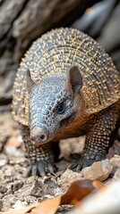 Obraz premium Close-up of a Colorful Armadillo Exploring Its Natural Habitat Among Rocks and Fallen Leaves