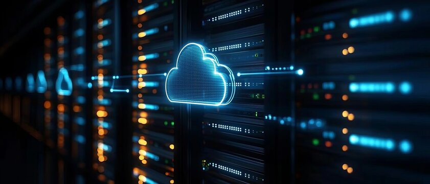 Digital cloud technology concept with illuminated servers and data transfer, highlighting modern cloud computing solutions.