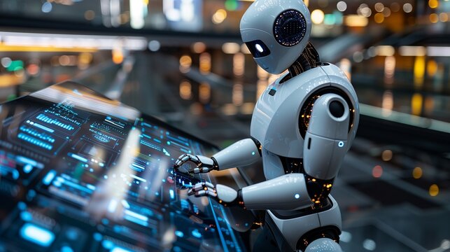 A humanoid robot analyzing data displayed on a digital screen, symbolizing advanced AI and automation in technological innovation.