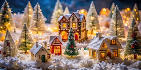 Fototapeta premium Crisp white shredded paper and glittering icy flakes surround miniature festive buildings, creating a magical winter wonderland scene for a holiday village display.