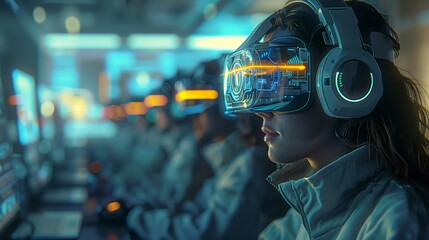 Professionals using VR headsets for immersive training in a corporate environment showcasing the use of virtual reality for skill development.