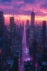 Fototapeta premium City Twilight, A stunning city skyline at twilight, featuring tall skyscrapers illuminated by vibrant colors, creating a captivating urban scene