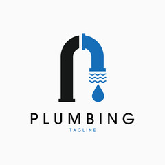 letter p plumbing pipe drop water wave logo vector illustration design