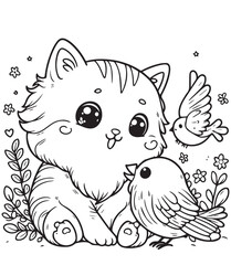 cute cat and bird kid coloring page design  