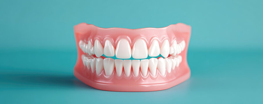 Detailed view of a full denture showcased on a blue backdrop, ideal for dental health topics, educational materials, and medical illustrations.