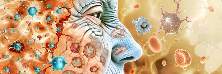 Aging Effects: Senior skin cells in various stages of damage, with wrinkles and age spots against an aged background.