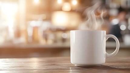 Cozy Coffee Shop Experience Steaming Mug of Freshly Brewed Coffee on Rustic Table with Barista in Background Inviting Aromatic Atmosphere