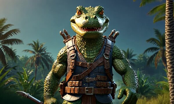 The crocodile stands upright wearing a dashing costume