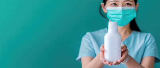 Explore effective hygiene practices for COVID-19 prevention, featuring an Asian woman in a mask, emphasizing hand sanitizer and washing hands in a hospital setting.