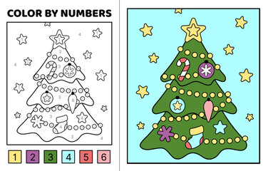 Color by number. Christmas tree. Coloring page. Game for kids. Cartoon, vector.