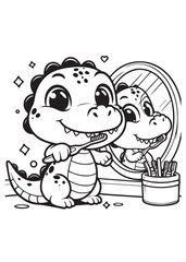 Kid coloring page design crocodile brushing teeth