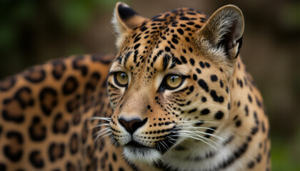 Obraz premium A leopard is staring at the camera in a lush green forest